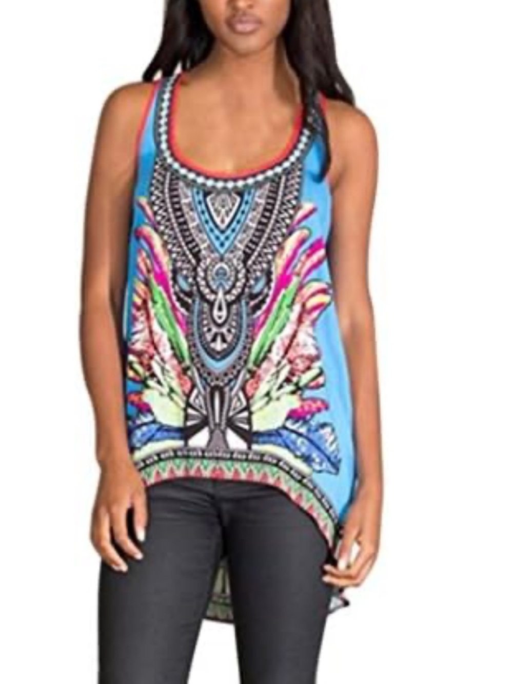 Flying Tomato Blue Tribal-Print Racerback Tank with Multicolor Feathers